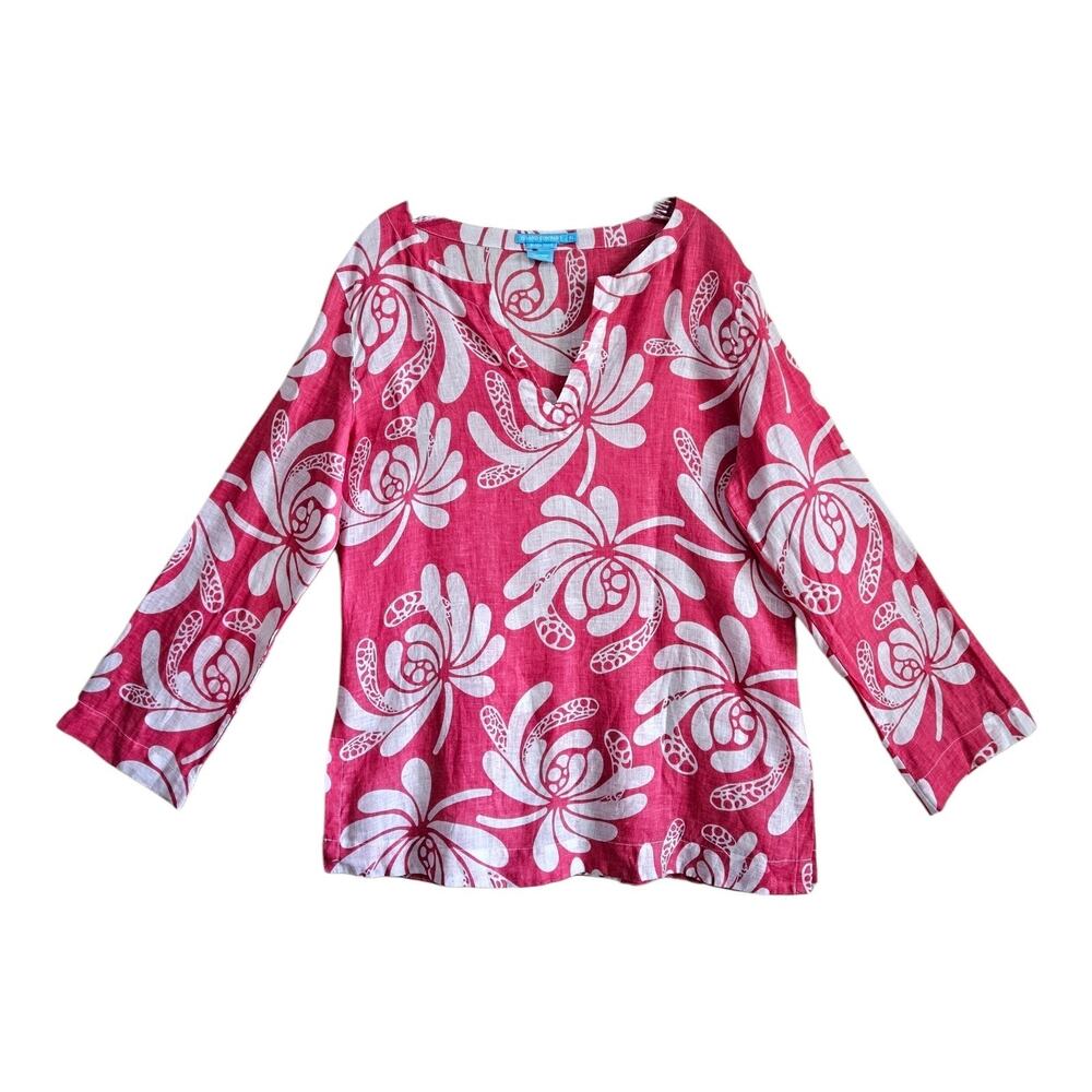 ISLAND COMPANY Women XL Linen Beach Tunic Blouse Pink White Tropical Leaves 44"